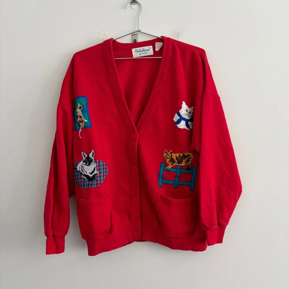 BellePointe at Ease Red Cat Embroidered Cardigan Sweatshirt Mens One Size